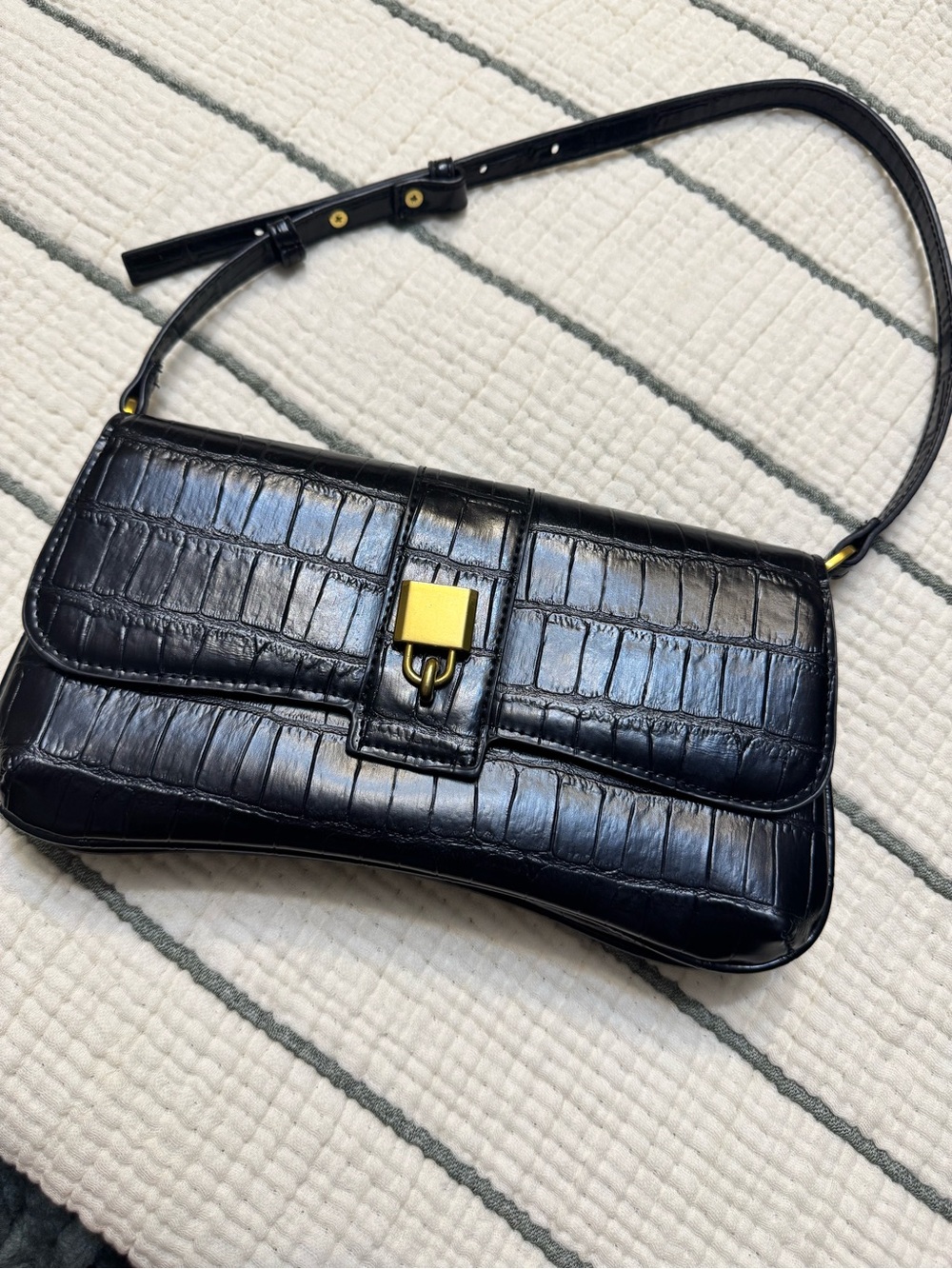 Mango Black Croc-Embossed Shoulder Bag with Gold Lock
